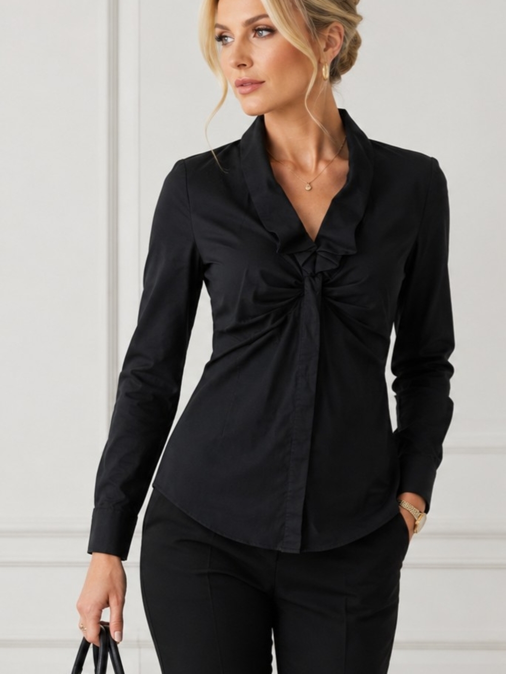 White House Black Market Black Ruched Ruffle Front Blouse Size 4